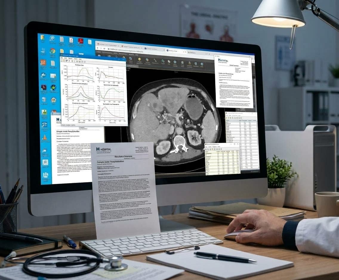 A clinician at a workstation reviewing an abdominal CT scan alongside charts and reports
